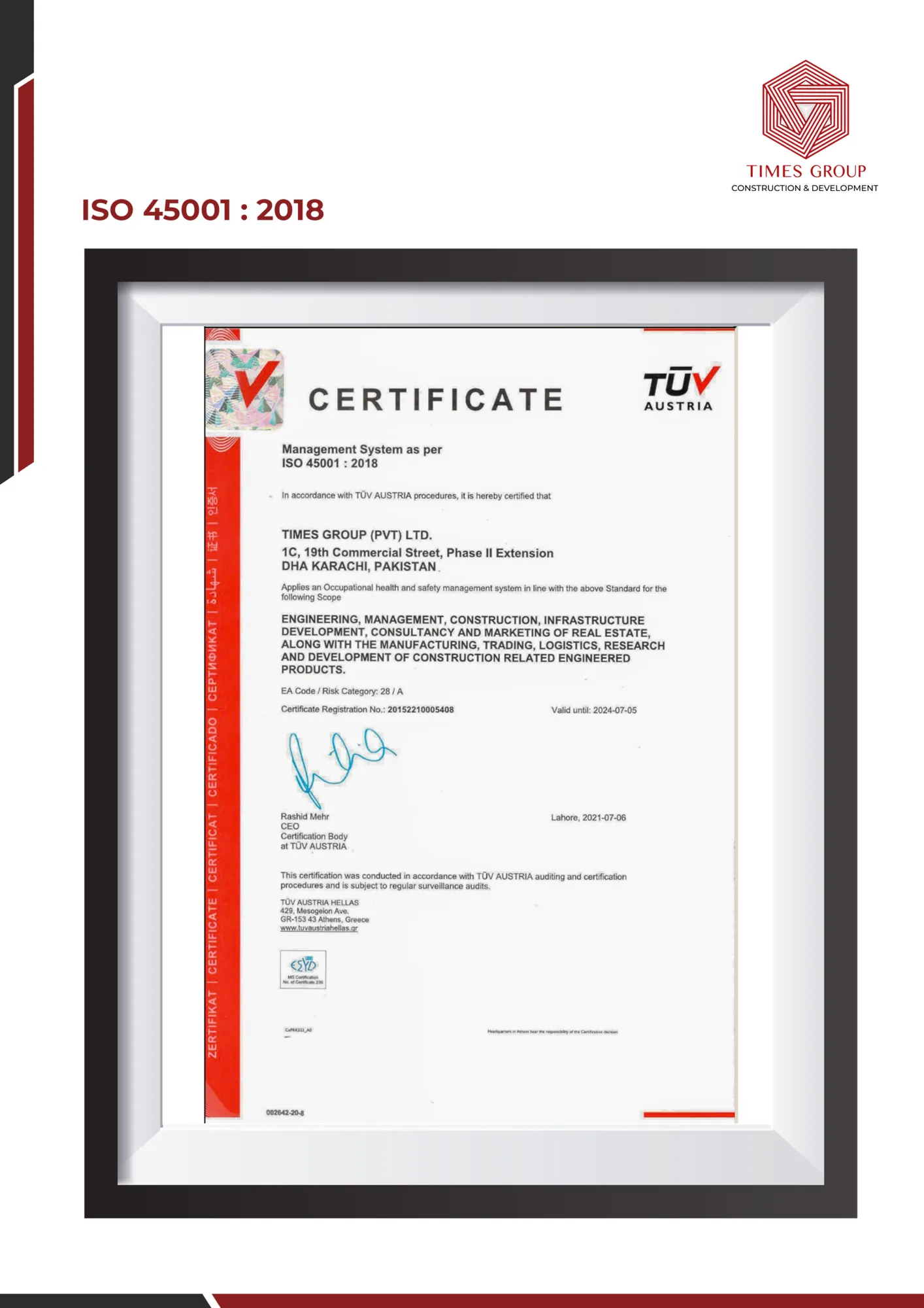ISO 45001 2018 certificate